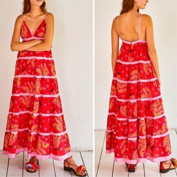 FARM Rio Red Tiki Bananas Tiered Maxi Dress Large NWT - Picture 2 of 15